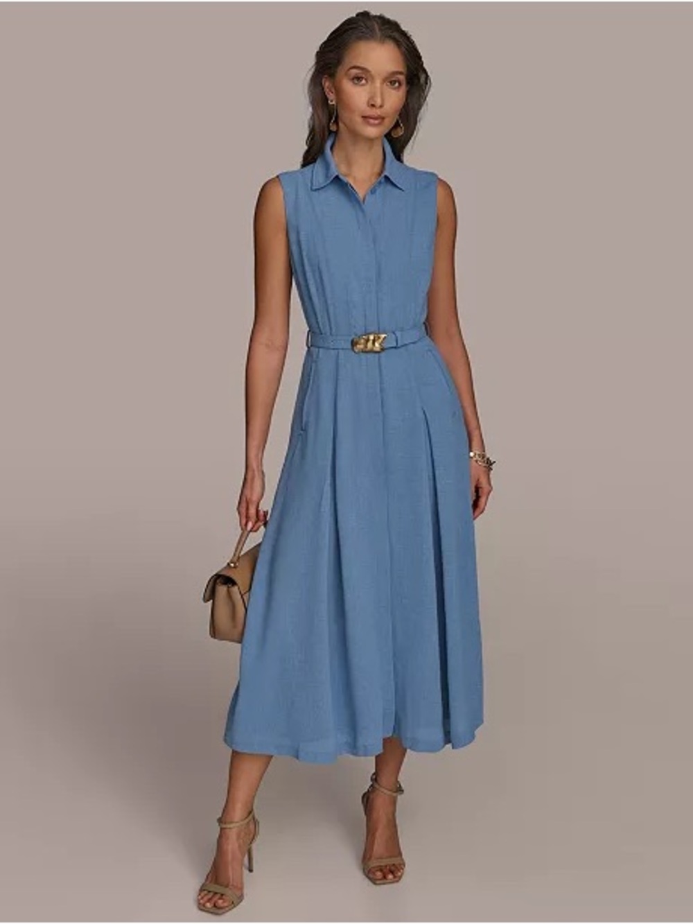 Donna Karan Sleeveless Collared Midi Dress in Light Blue
